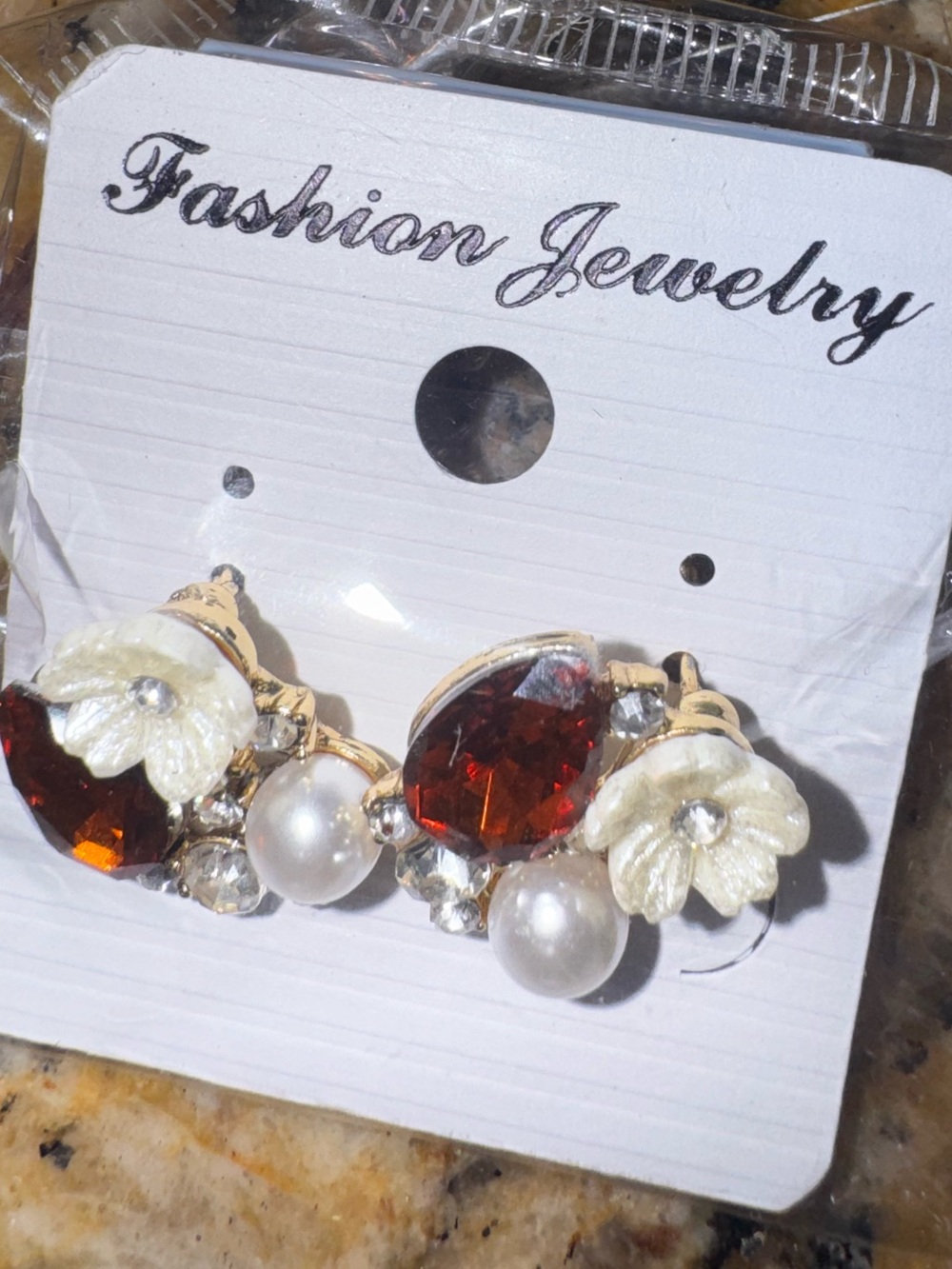 Fashion Jewelry Gold-Tone Amber Crystal, Pearl & Ivory Flower Earrings